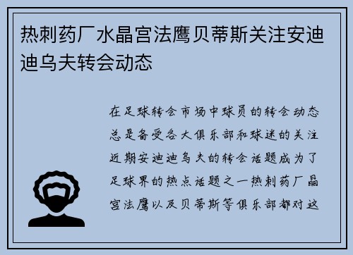 热刺药厂水晶宫法鹰贝蒂斯关注安迪迪乌夫转会动态