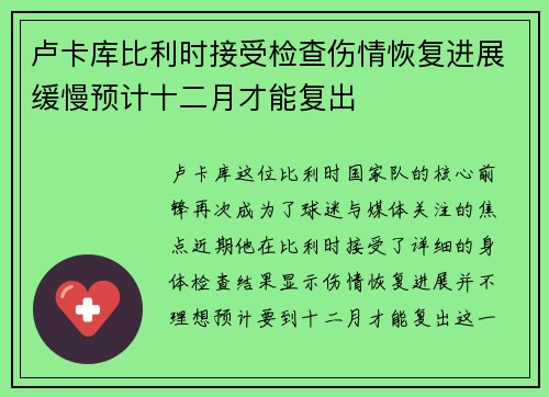 卢卡库比利时接受检查伤情恢复进展缓慢预计十二月才能复出